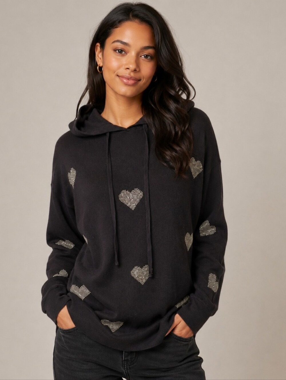 Liv Milano Black Soft Hoodie With Sparkling Heart Motif. Size M